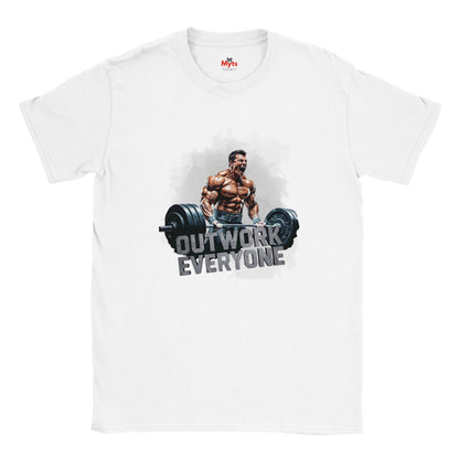 White t-shirt with a graphic of a muscular man lifting weights and text 'OUTWORK EVERYONE' on a white background.