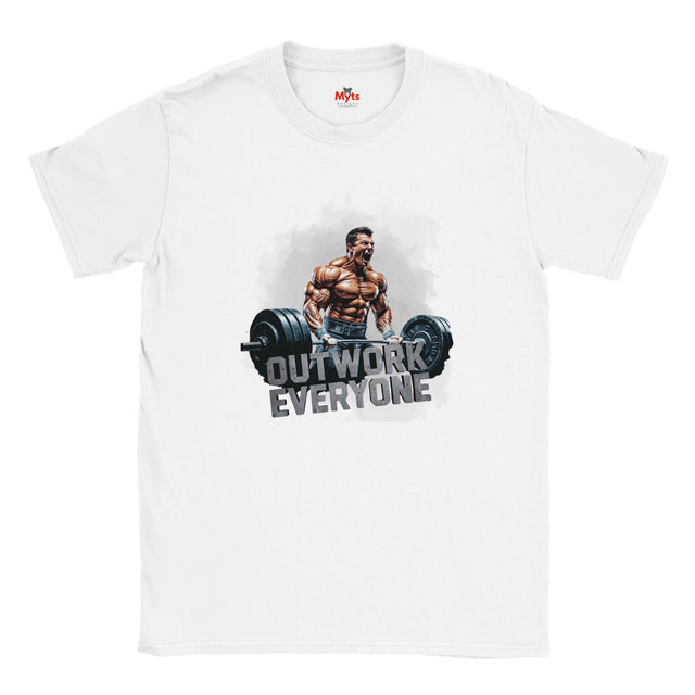 White t-shirt with a graphic of a muscular man lifting weights and text 'OUTWORK EVERYONE' on a white background.