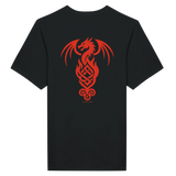 A black short-sleeve t-shirt with a large red graphic of a stylized dragon and Celtic knot design on the back, displayed against a solid white background.
