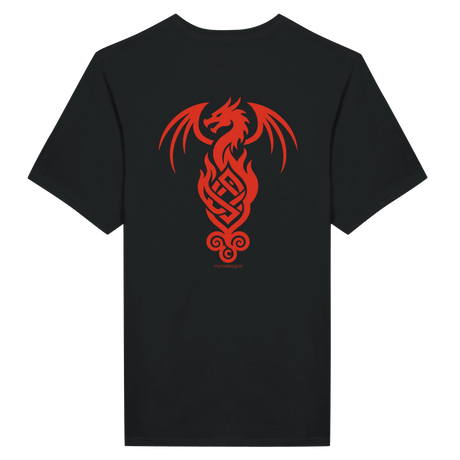 A black short-sleeve t-shirt with a large red graphic of a stylized dragon and Celtic knot design on the back, displayed against a solid white background.