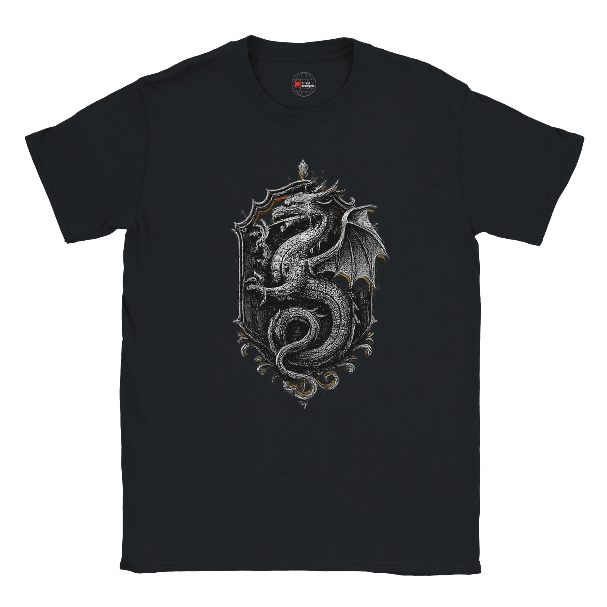 Black t-shirt with a silver dragon design on a white background