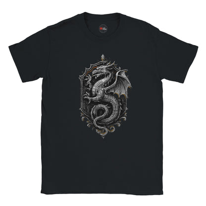 Black t-shirt with a silver dragon design on a white background