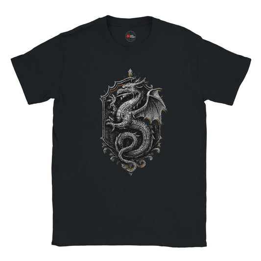 Black t-shirt with a silver dragon design on a white background