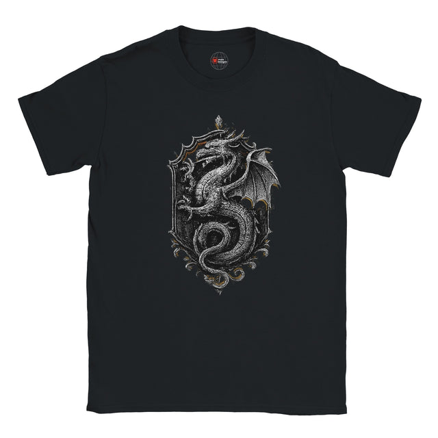 Black t-shirt with a silver dragon design on a white background