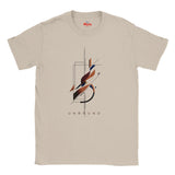 A Sand crewneck t-shirt with a central abstract graphic featuring geometric shapes and the word 'UNBOUND' printed below, on a solid white background.