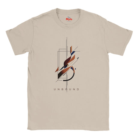 A Sand crewneck t-shirt with a central abstract graphic featuring geometric shapes and the word 'UNBOUND' printed below, on a solid white background.