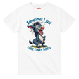 White t-shirt with a cartoon donkey and humorous text on a white background