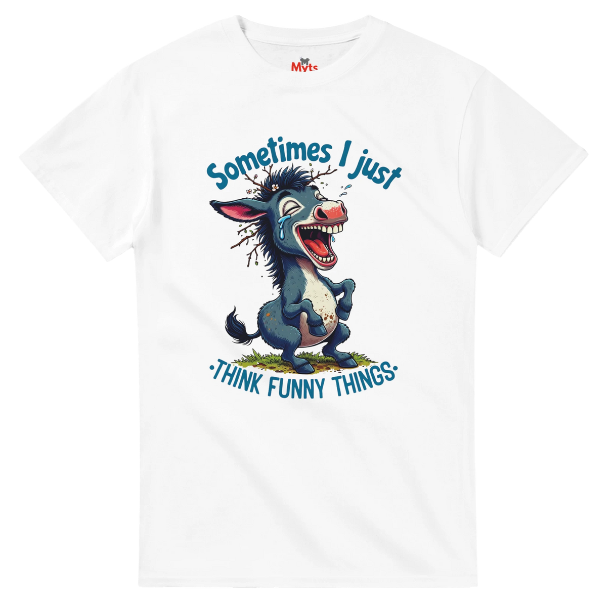 White t-shirt with a cartoon donkey and humorous text on a white background