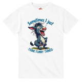 White t-shirt with a cartoon donkey and humorous text on a white background