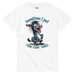 White t-shirt with a cartoon donkey and humorous text on a white background