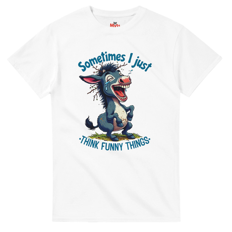 White t-shirt with a cartoon donkey and humorous text on a white background