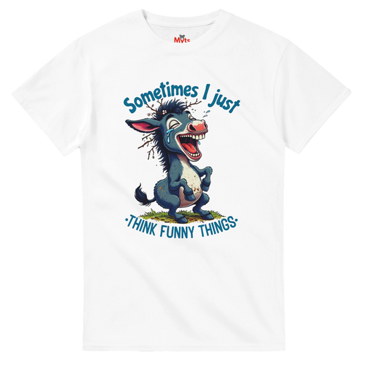 White t-shirt with a cartoon donkey and humorous text on a white background