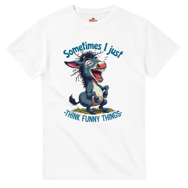 White t-shirt with a cartoon donkey and humorous text on a white background