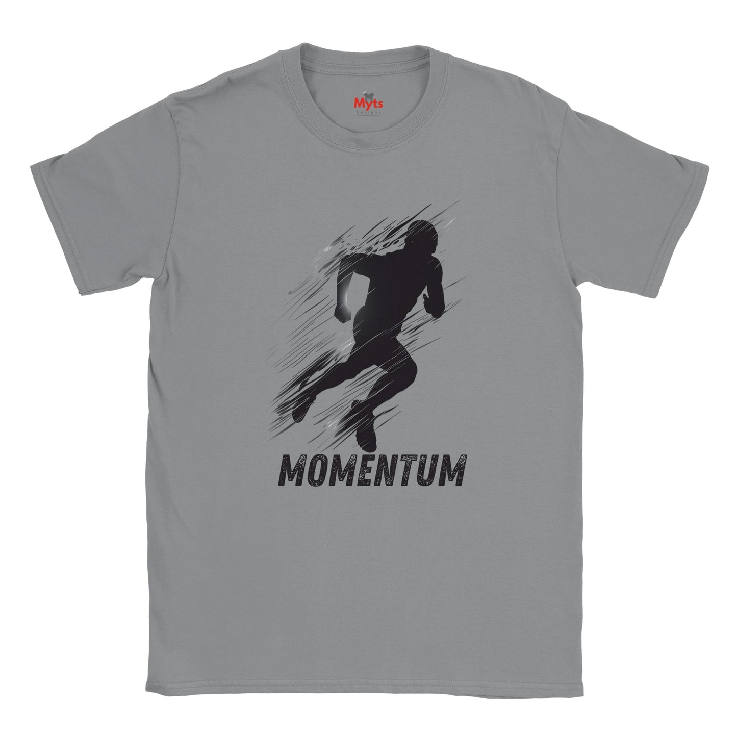 Gray t-shirt with a black silhouette of a running person and 'Momentum' text on a white background