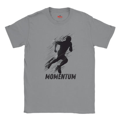 Gray t-shirt with a black silhouette of a running person and 'Momentum' text on a white background