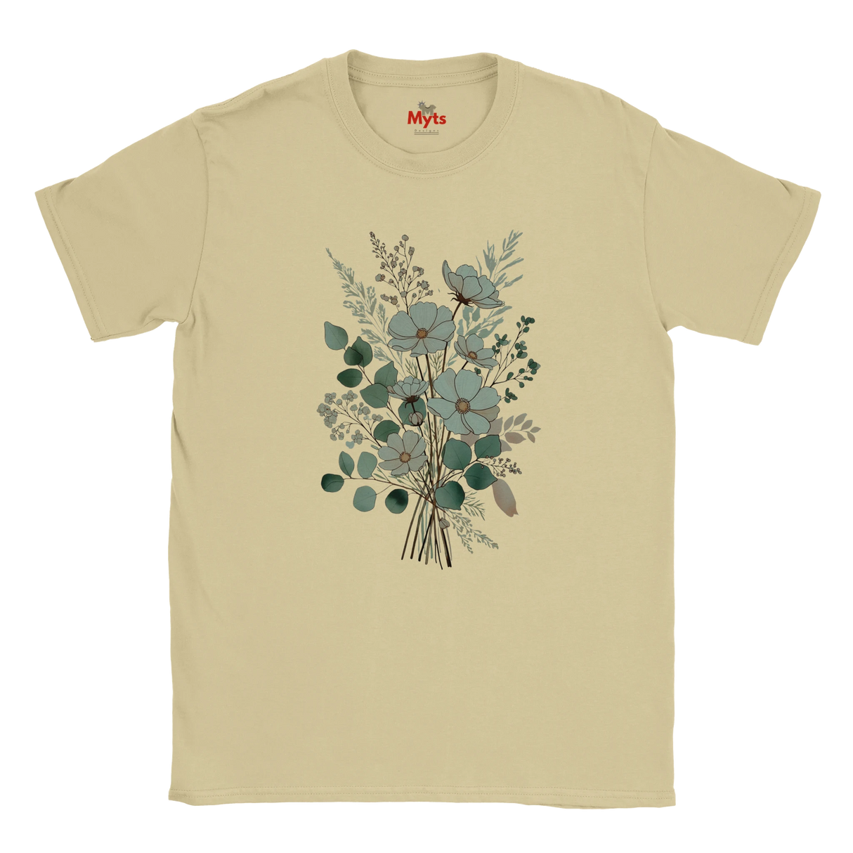 A beige short-sleeve crewneck t-shirt featuring a central graphic print of a floral bouquet with blue-gray flowers and green leaves, displayed on a clean white background.
