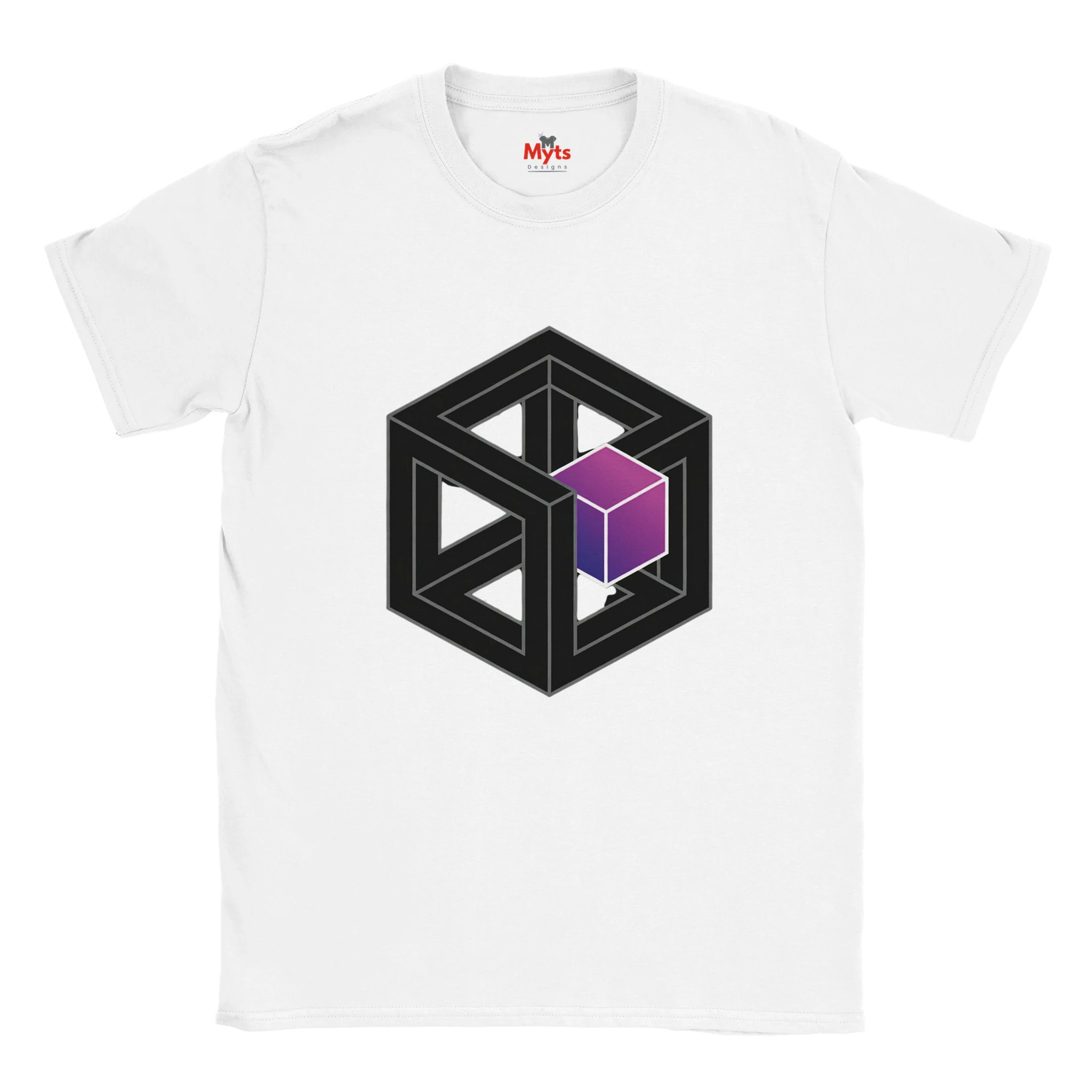 White t-shirt with geometric design featuring a black cube and purple gradient on a white background