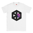 White t-shirt with geometric design featuring a black cube and purple gradient on a white background