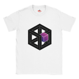 White t-shirt with geometric design featuring a black cube and purple gradient on a white background