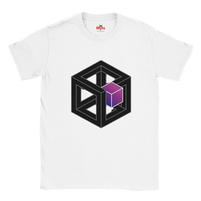 White t-shirt with geometric design featuring a black cube and purple gradient on a white background