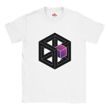 White t-shirt with geometric design featuring a black cube and purple gradient on a white background