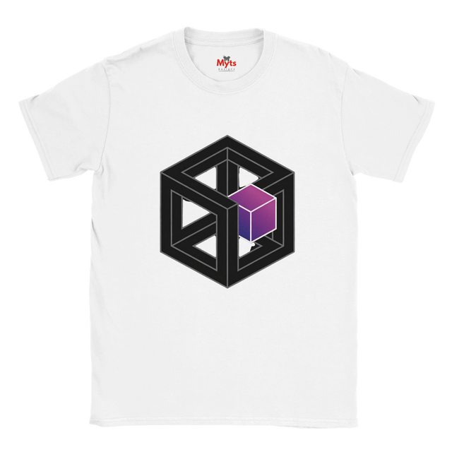 White t-shirt with geometric design featuring a black cube and purple gradient on a white background