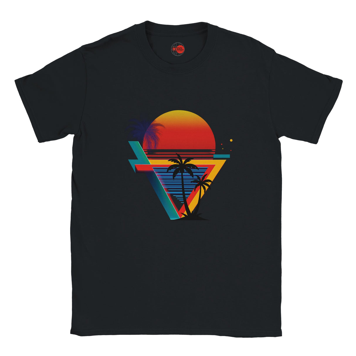 Black t-shirt with a colorful sunset and palm tree design on a white background