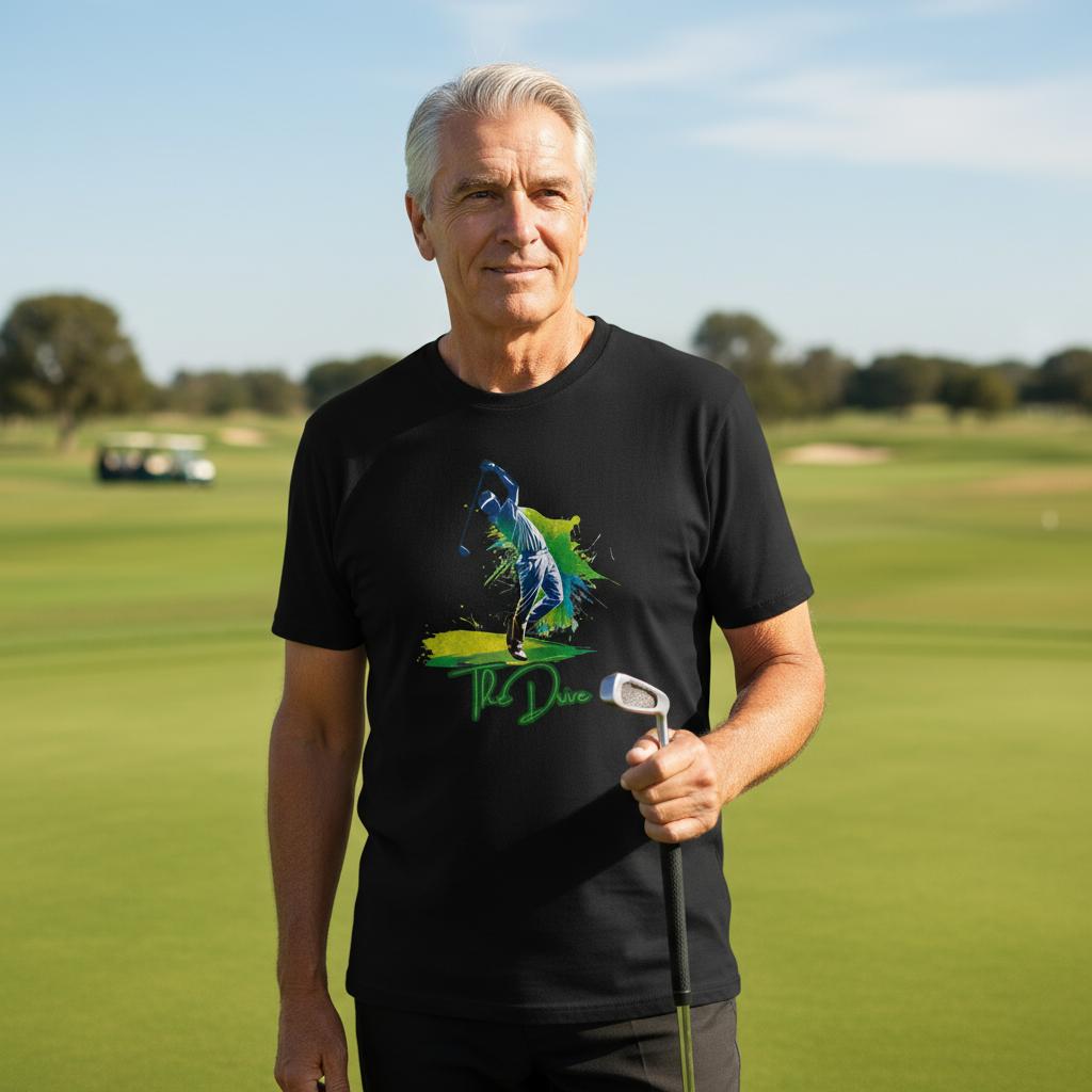 Man on a golf course wearing a black t-shirt with a graphic design, holding a golf club.