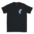 Black t-shirt with a blue fish graphic on a white background