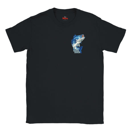 Black t-shirt with a blue fish graphic on a white background
