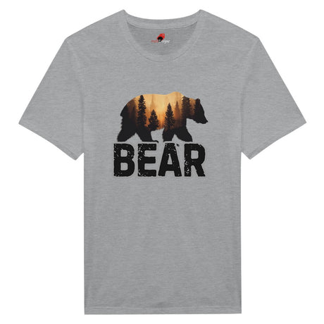 A grey unisex t-shirt with a bold black bear graphic and the word 'BEAR' below it, set against a wilderness backdrop.