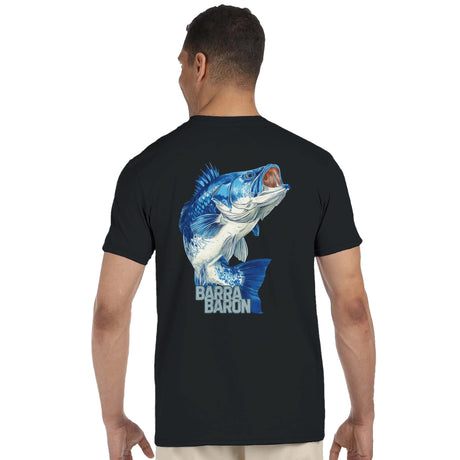 Man wearing a black t-shirt with a blue fish graphic on the back, brand 'Barb & Bar' visible.