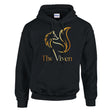 Black hoodie with fox themed graphic and text on a white background