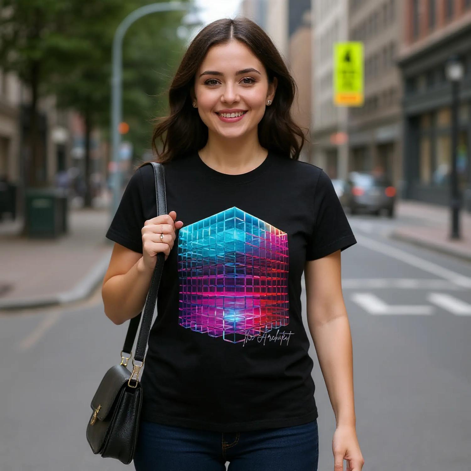 A woman wearing a black t-shirt with a colorful geometric design on a city street.