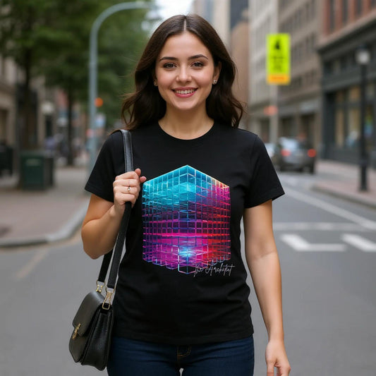A woman wearing a black t-shirt with a colorful geometric design on a city street.