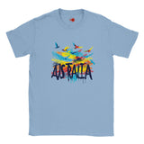 Light blue t-shirt with colorful 'Australia' design on a white background