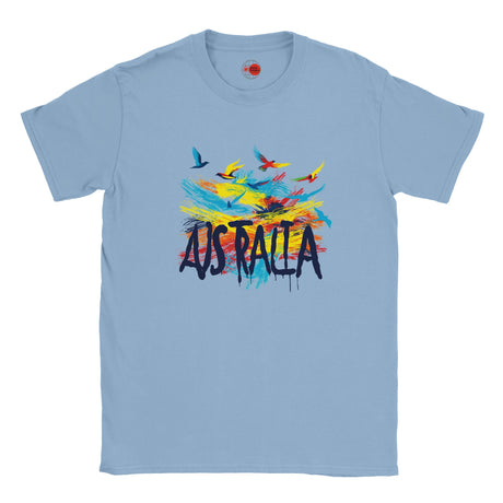 Light blue t-shirt with colorful 'Australia' design on a white background