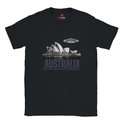 Front view of a black soft casual tee showing the Sydney Opera House sails with a sleek spaceship graphic orbiting overhead, printed on ultra-soft Gildan 64000 cotton.