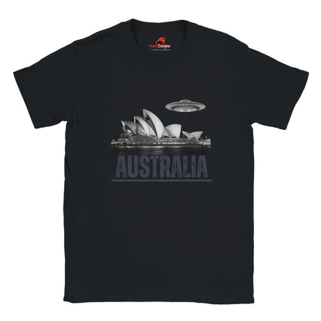Front view of a black soft casual tee showing the Sydney Opera House sails with a sleek spaceship graphic orbiting overhead, printed on ultra-soft Gildan 64000 cotton.