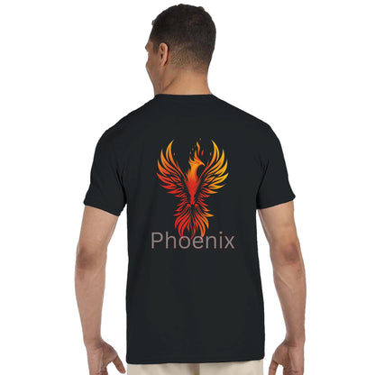 Person wearing a black t-shirt with a phoenix design on the back