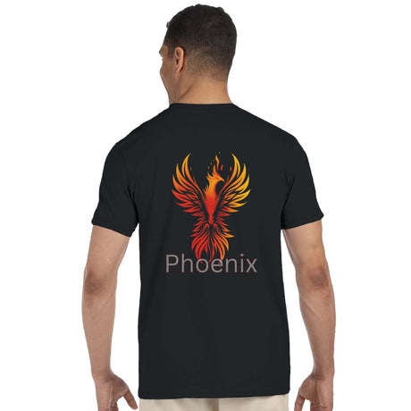 Person wearing a black t-shirt with a phoenix design on the back
