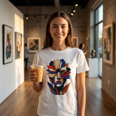 Abstract Geometric Face T-Shirt in White — bold geometric portrait art graphic tee by Mytsdesigns