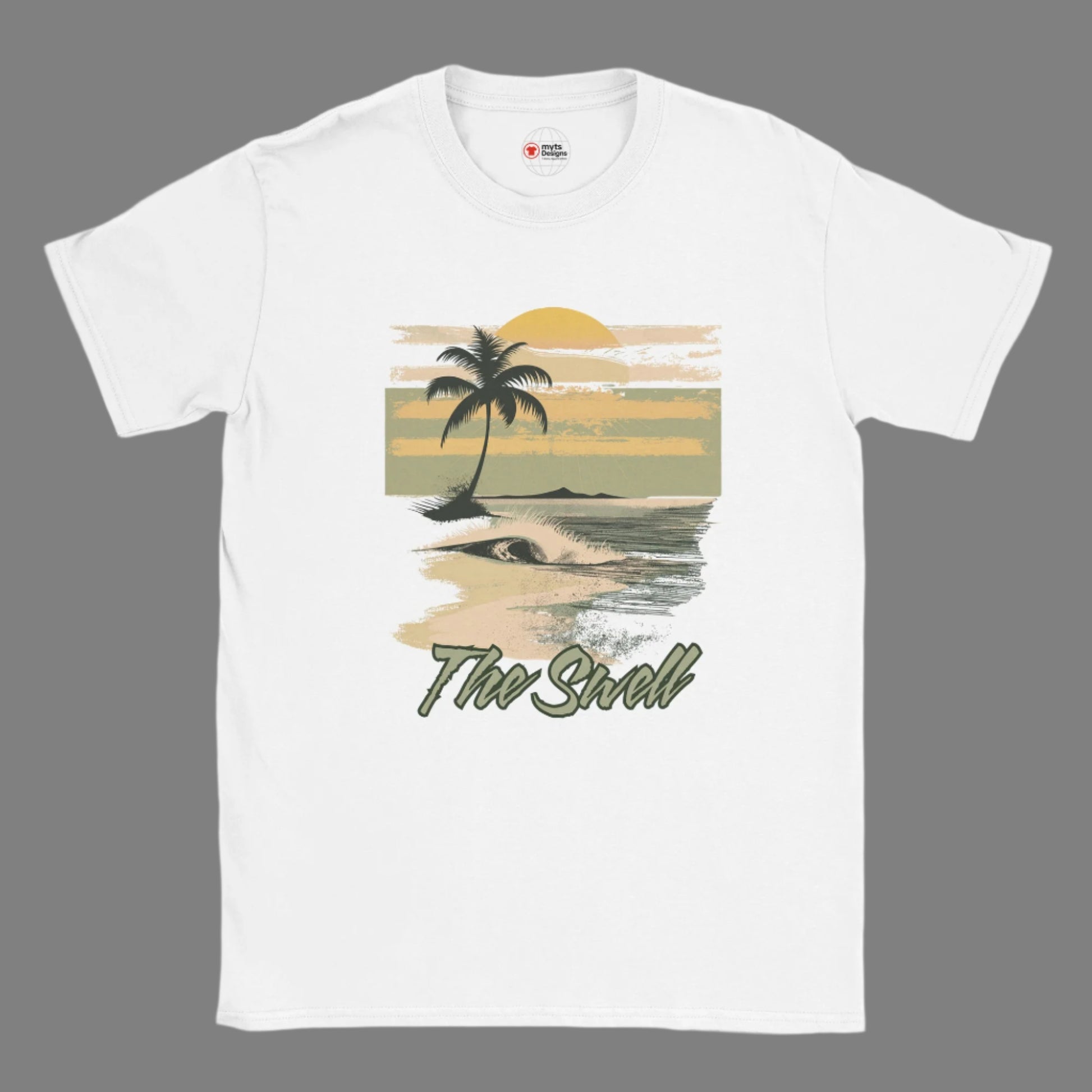White t-shirt with a palm tree and sunset design on a grey background