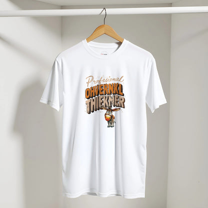 White t-shirt with graphic design and text on a hanger against a plain background