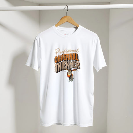 White t-shirt with graphic design and text on a hanger against a plain background