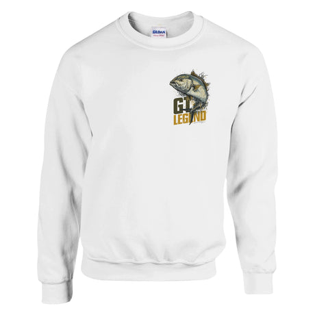White sweatshirt with fish graphic and 'GL Legend' text on a white background