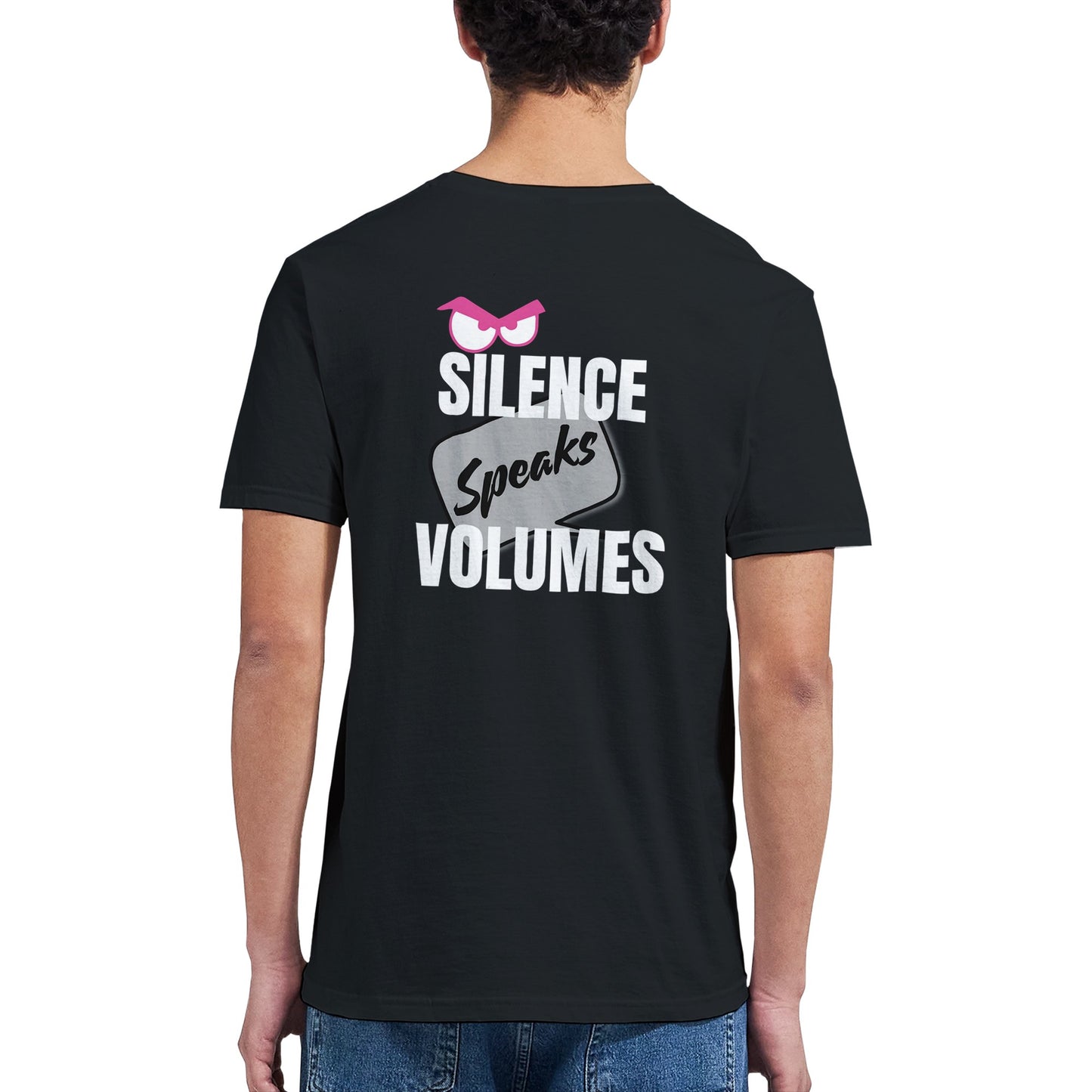Black t-shirt with 'Silence Speaks Volumes' text and pink eyebrows design on the back, worn by a person.