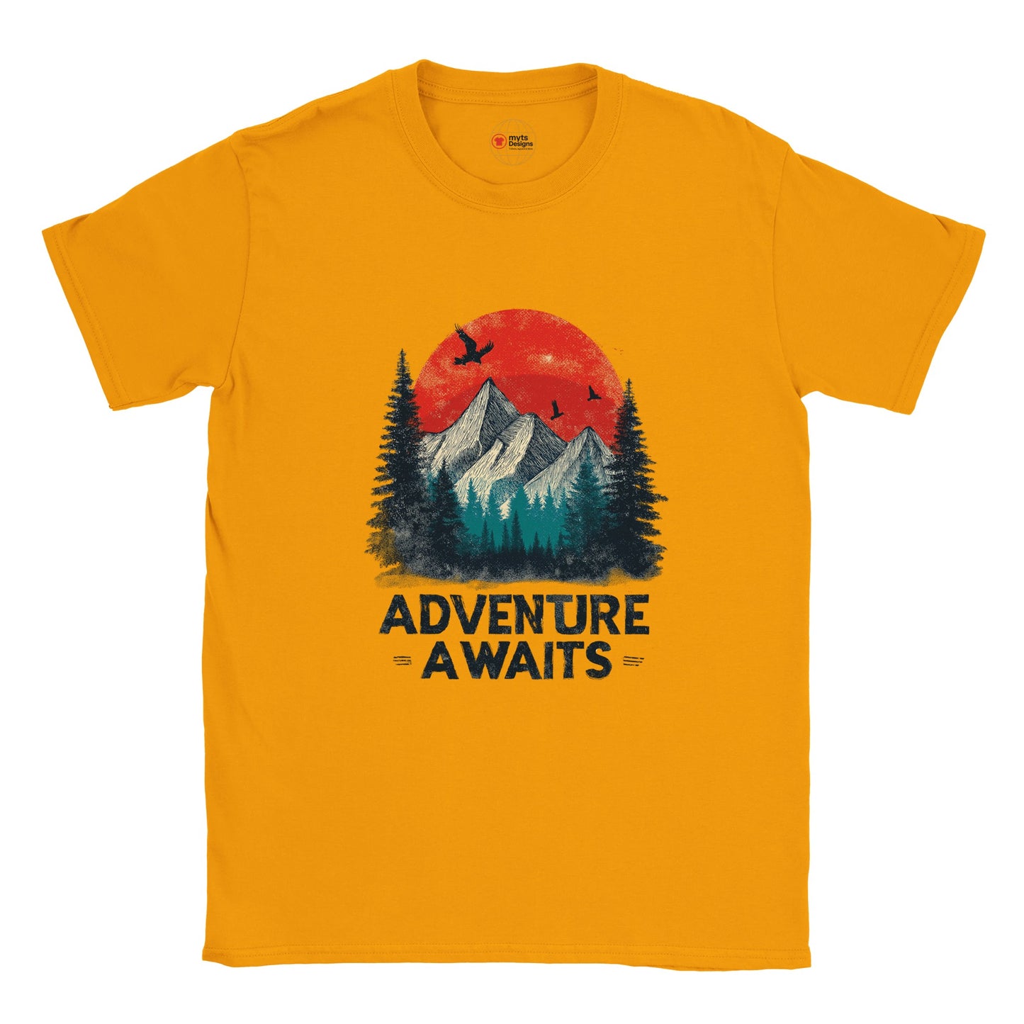 Gold unisex cotton T-shirt with a retro “Adventure Awaits” camping graphic—featuring a vintage tent scene, outdoors motif, and bold typography; soft Gildan 64000 fabric from MytsDesigns.