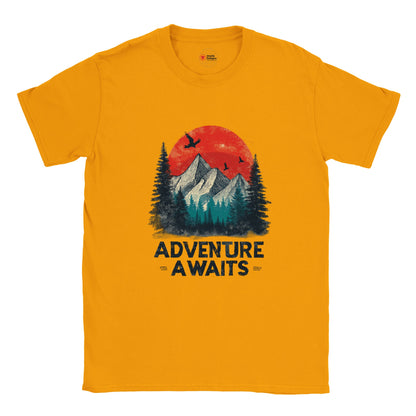 Gold unisex cotton T-shirt with a retro “Adventure Awaits” camping graphic—featuring a vintage tent scene, outdoors motif, and bold typography; soft Gildan 64000 fabric from MytsDesigns.