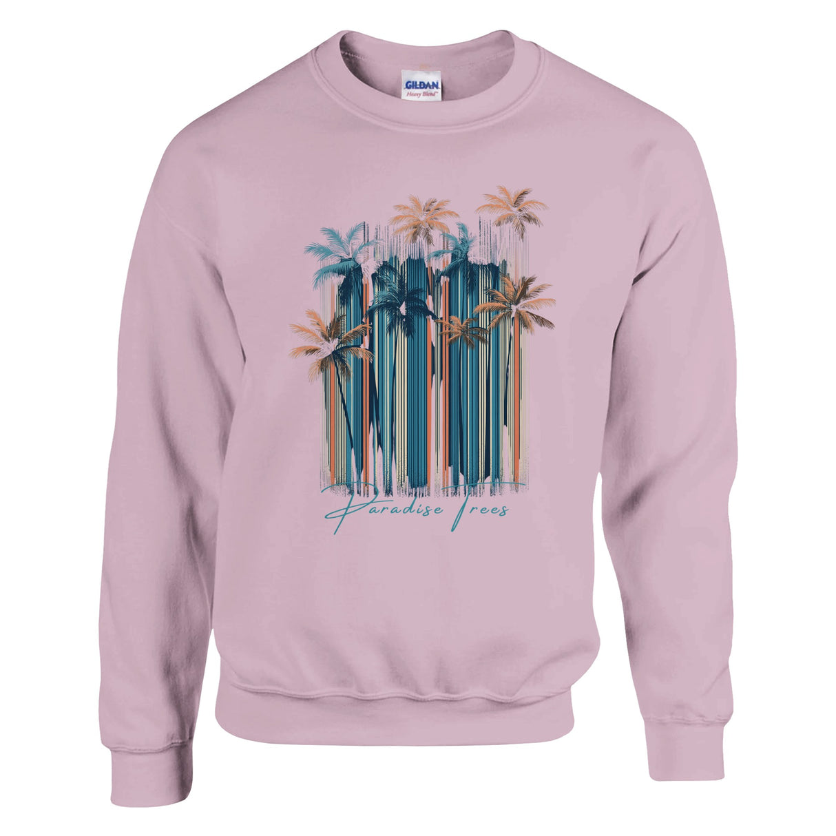 Pink sweatshirt with palm tree design and 'Paradise Found' text on a white background